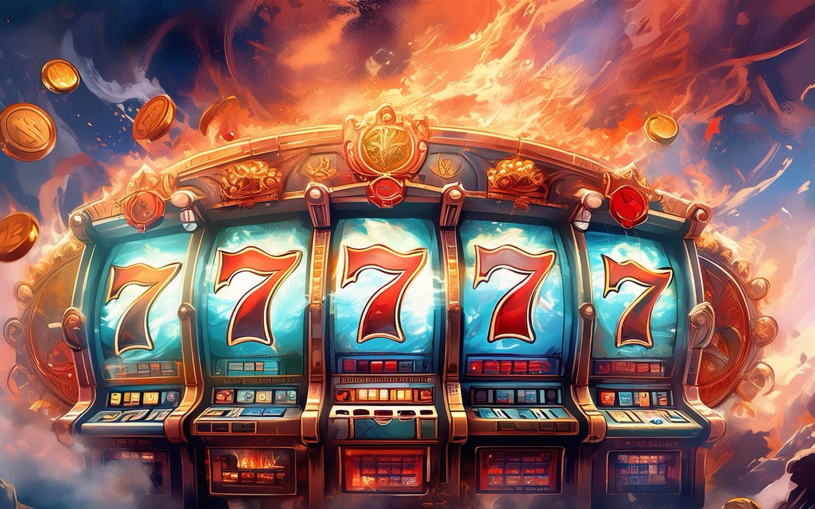 Layar video slot dengan reel, ikon bonus, dan latar animasi